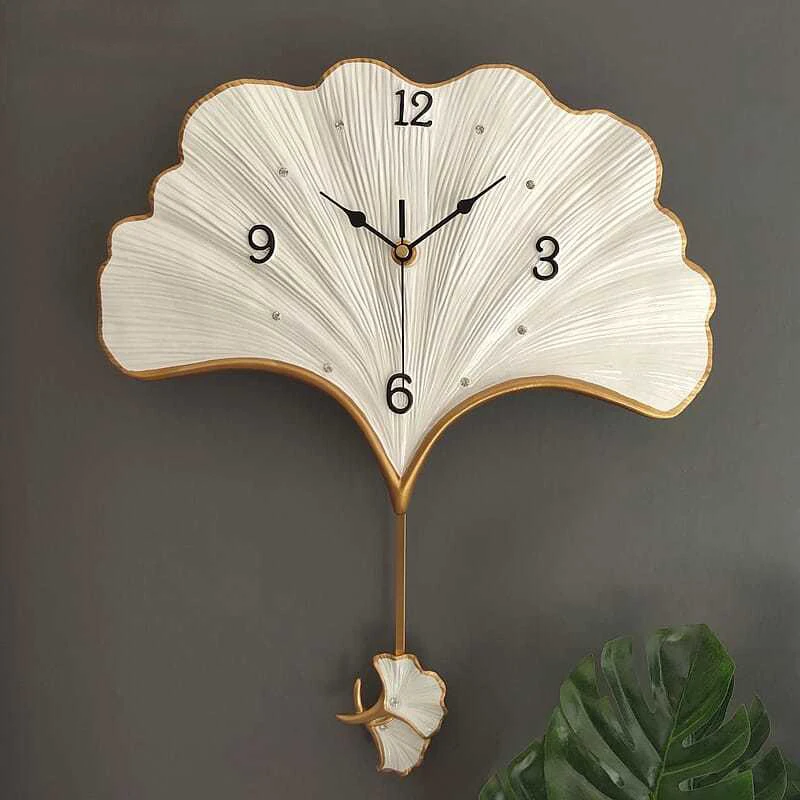 Modern Fashion Ginkgo Leaf Swing Resin Wall Clock Home Livingroom Mute Quartz Mural Hotel Store Sticker Crafts