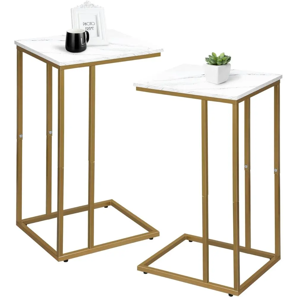 White Marble and Gold C-Shaped Side Table Set of 2, Compact for Living Room and Bedroom, Slides Under Sofa and Bed, Snack Table