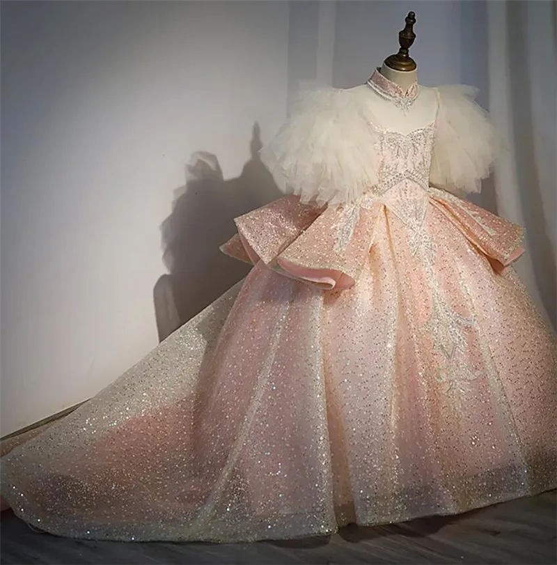 Vestidos de flores rosas para niñas, corsé de boda, espalda de tul brillante, vestido de princesa para niños, primera comunión con tren largo