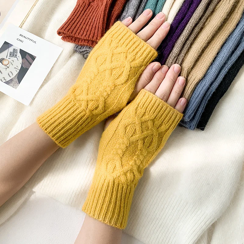 Guantes de punto de ganchillo para mujer, mitones cálidos sin dedos, patrón de giro, medio dedo, elegante, calentador de manos, brazo, Invierno