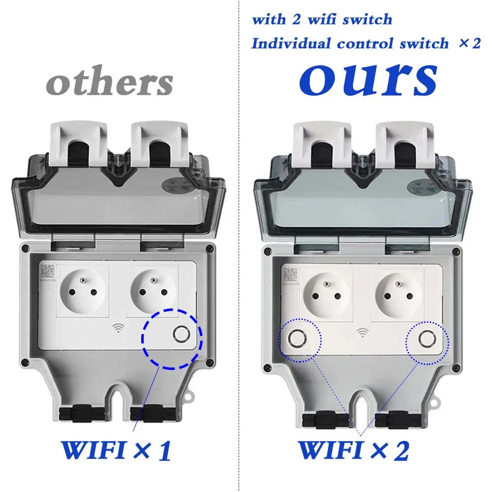 Tuya Waterproof Electrical Wall Socket EU FR KR IL IP66 Outdoor Socket WIth Timer Wifi Smart Life Power Outlets 220V Dual Master