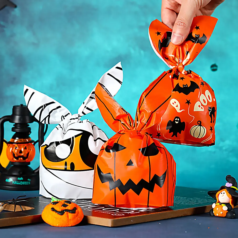 50Pcs Halloween Candy Bags Pumpkin Bat Snack Biscuit Gift Bag Trick or Treat Kids Favors Halloween Party Decoration Supplies