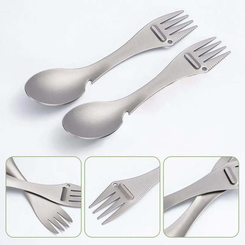 Cuillère fourchette de camping 5 en 1 en titane avec ouvre-bouteille éplucheur à bord dentelé, ustensile d'extérieur portable ultraléger (1 pièce)