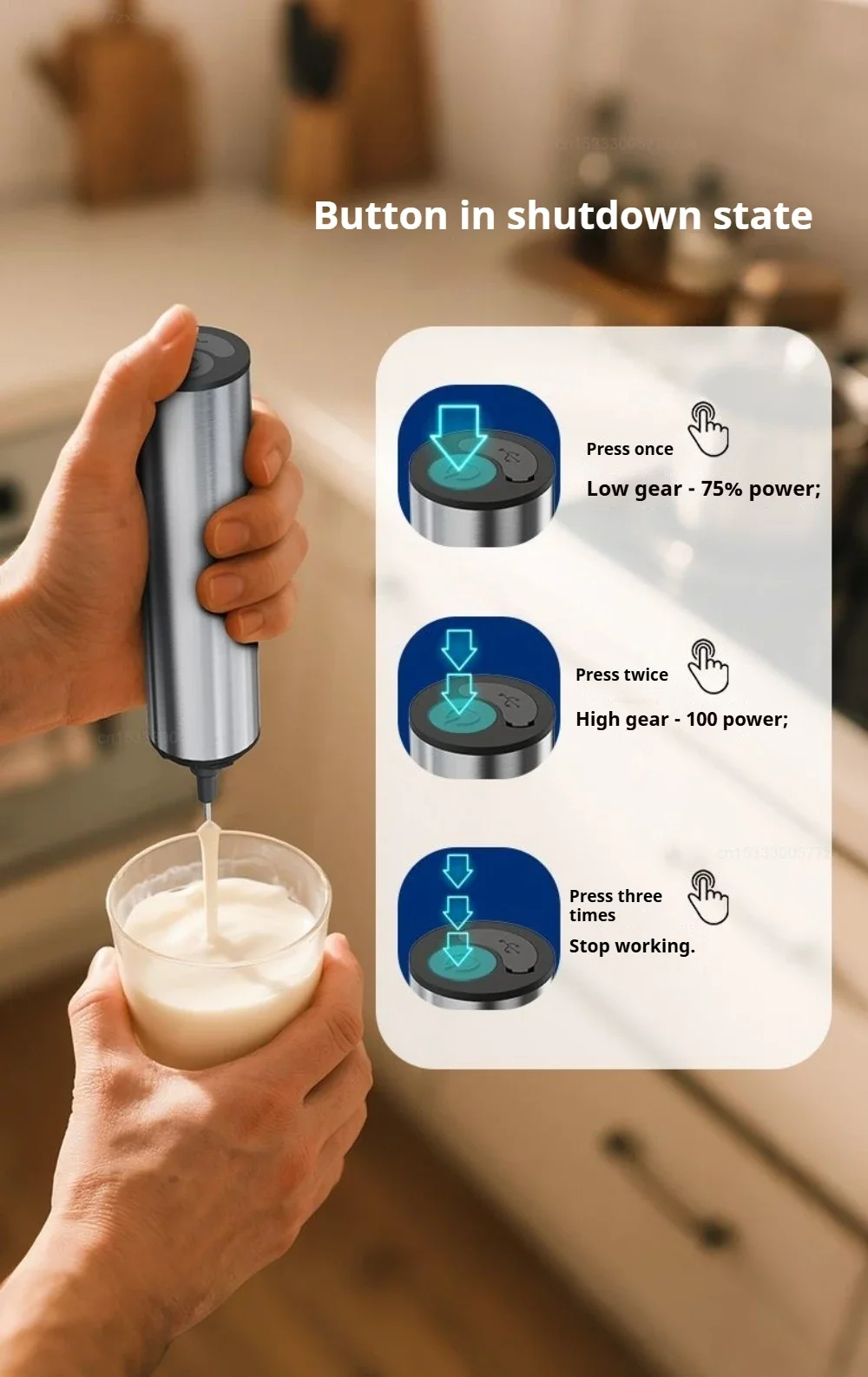 Elektrischer Milchaufschäumer für den Haushalt, 3 Geschwindigkeiten, wiederaufladbarer Kaffee-Mixer mit Abdeckung zur Aufbewahrung, für Milch, Getränke, Kaffee, Kochutensil – Detail 2