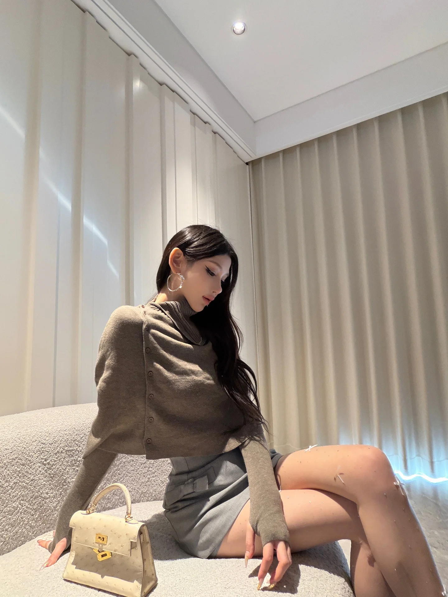 

ChiclyNana Ele High Collar oulder Wrap Knitted Sweater Two Piece Set Women's Ladylike Top Polyester Fiber Long Sve S...