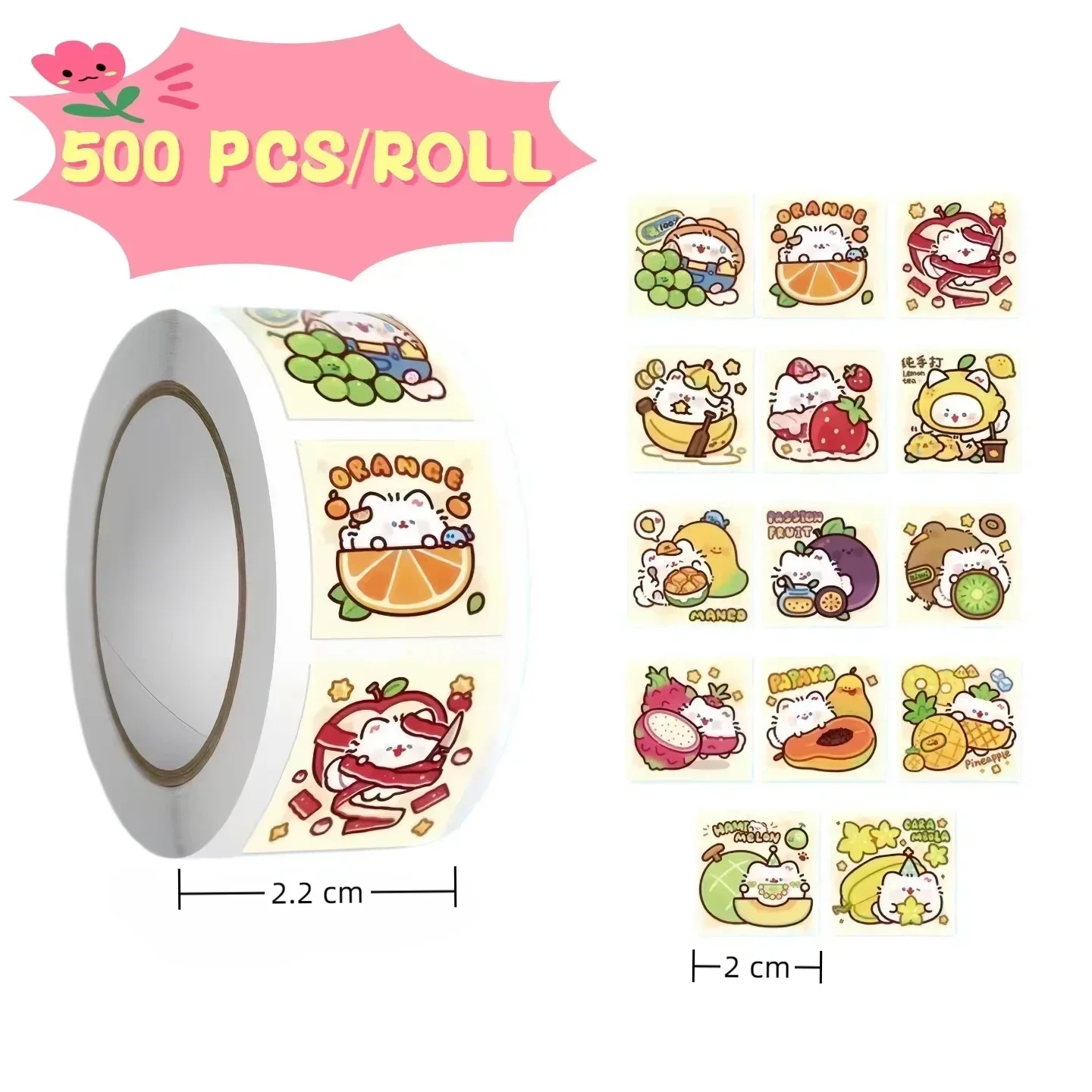 500Pcs Roll INS Style Self Adhesive Washi Stickers, Cute Cartoon Cat Fruit Pattern for Journal Envelope Sealing DIY Craft Decor