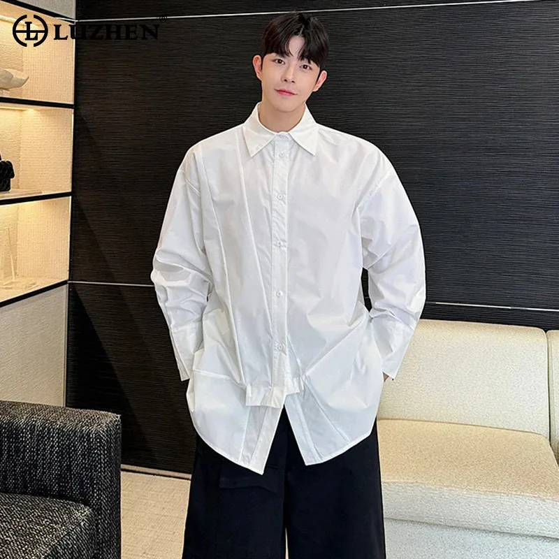 

LUZHEN Asymmetric Splicing Long Sleeved Shirt Tops 2024 Original Solid Color Design Elegant Trendy Loose Men's Blouses LZ4748