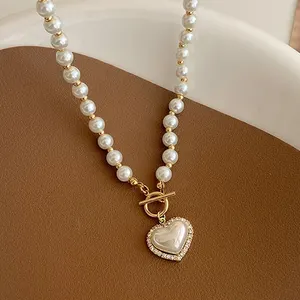 White imitation pearl bead necklace women crystal stone heart pendant Cute Girl Jewelry necklace collier femme 8 Main Sales Necklace Heart - №8
