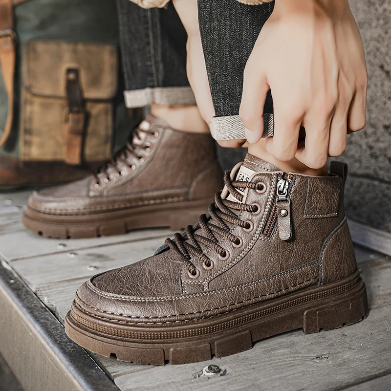 Autumn Winter Leather Ankle Boots For Men Retro Design Short Boots Man Platform Boots Comfy Non-slip High Top Men's Work Shoes