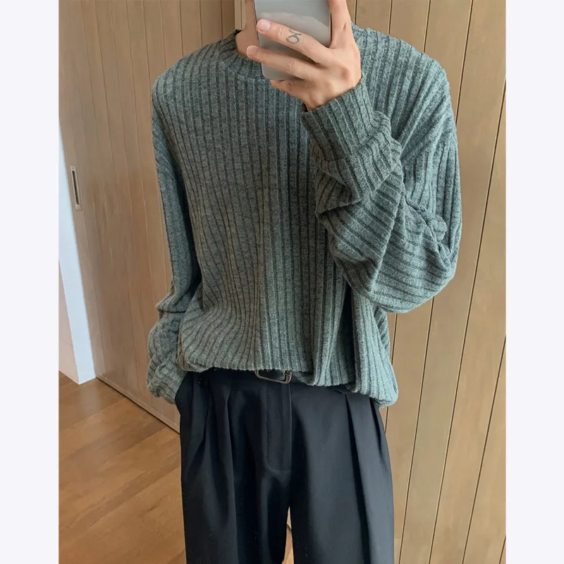 Autumn Long Sleeved T-shirt Men Oversized Retro Striped T Shirt Men Streetwear Korean Loose Round Neck T Shirt Mens Top M-3XL