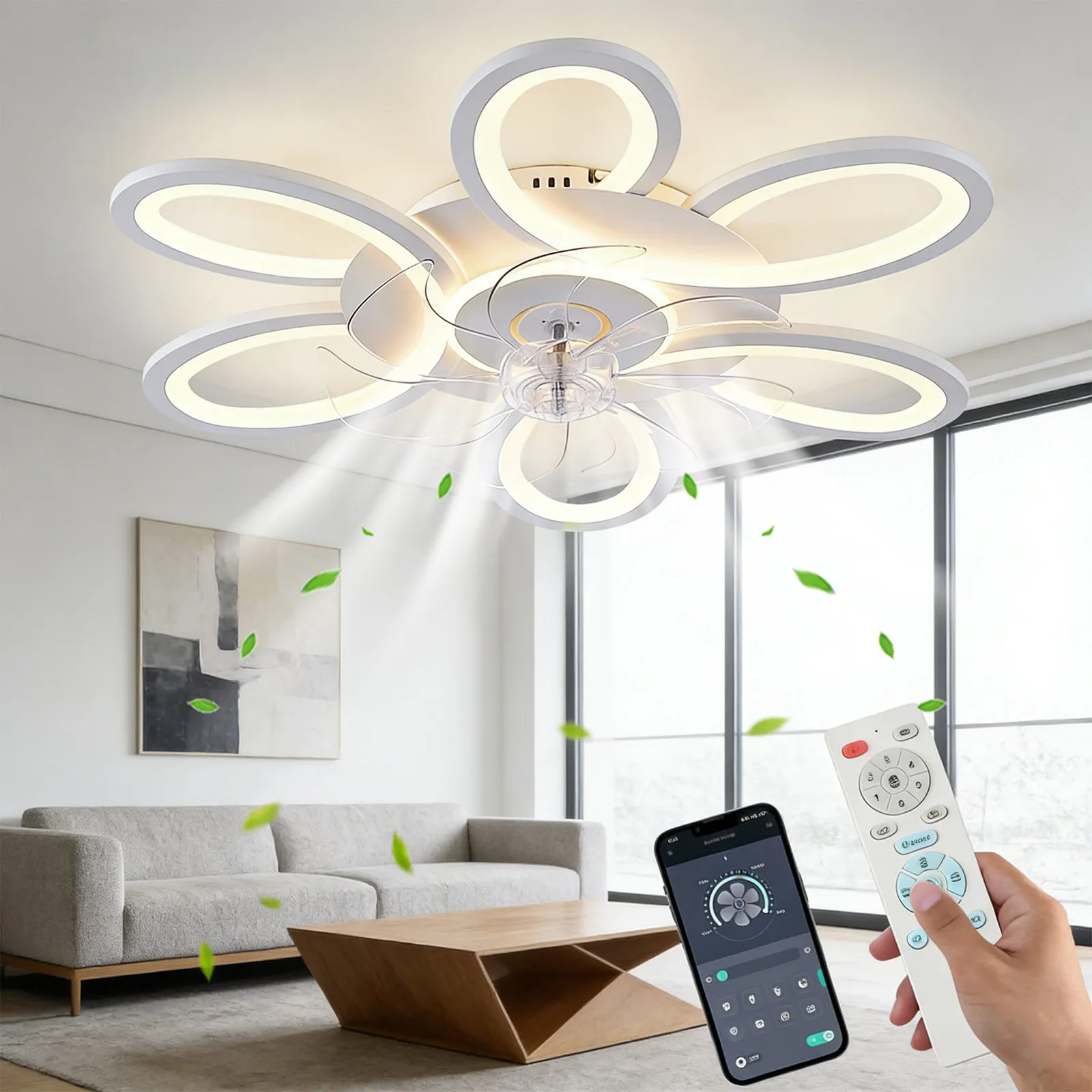 Ultraflacher Einbau-Deckenventilator 25 Zoll Dimmbare LED-Beleuchtung Fernbedienung App-Steuerung 6 Geschwindigkeiten Schlaf-Timer Reversibler DC-Motor Wohnzimmer