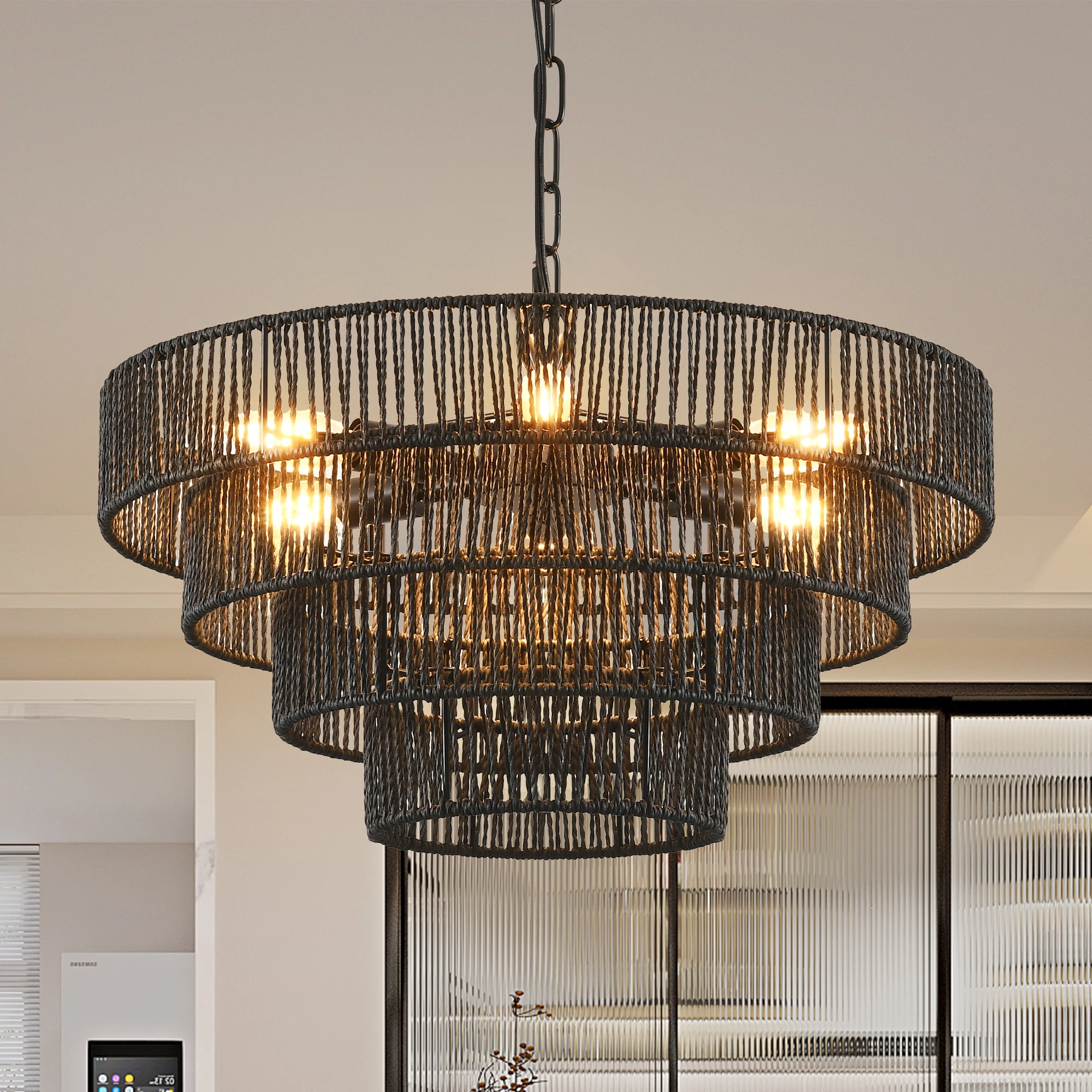 

Rustic 4-Tier Black Hemp Rope Chandelier with Handmade Tiered Boho Ceiling Light Fixture(Bulb Not Included)