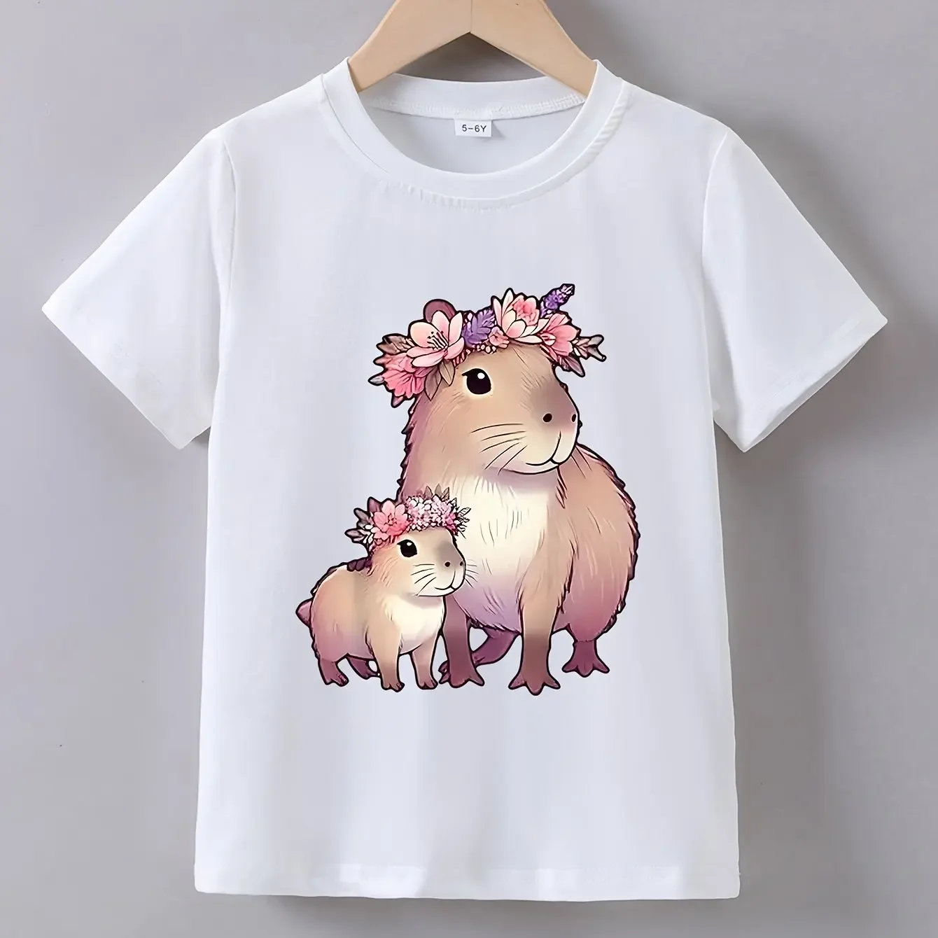 Kids Girls Cute Capybara T-Shirt Mom and Baby Capybara with Flower Crown Print Soft Cotton Summer Casual Tee