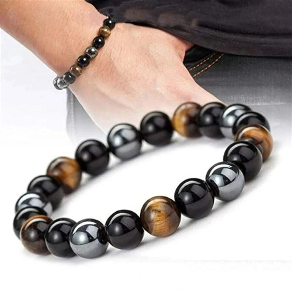 Men's Black Obsidian Tiger Eye Stone Magnet Bracelet Triple Color Natural Agate Wristband Handmade Beaded Arm Jewelry