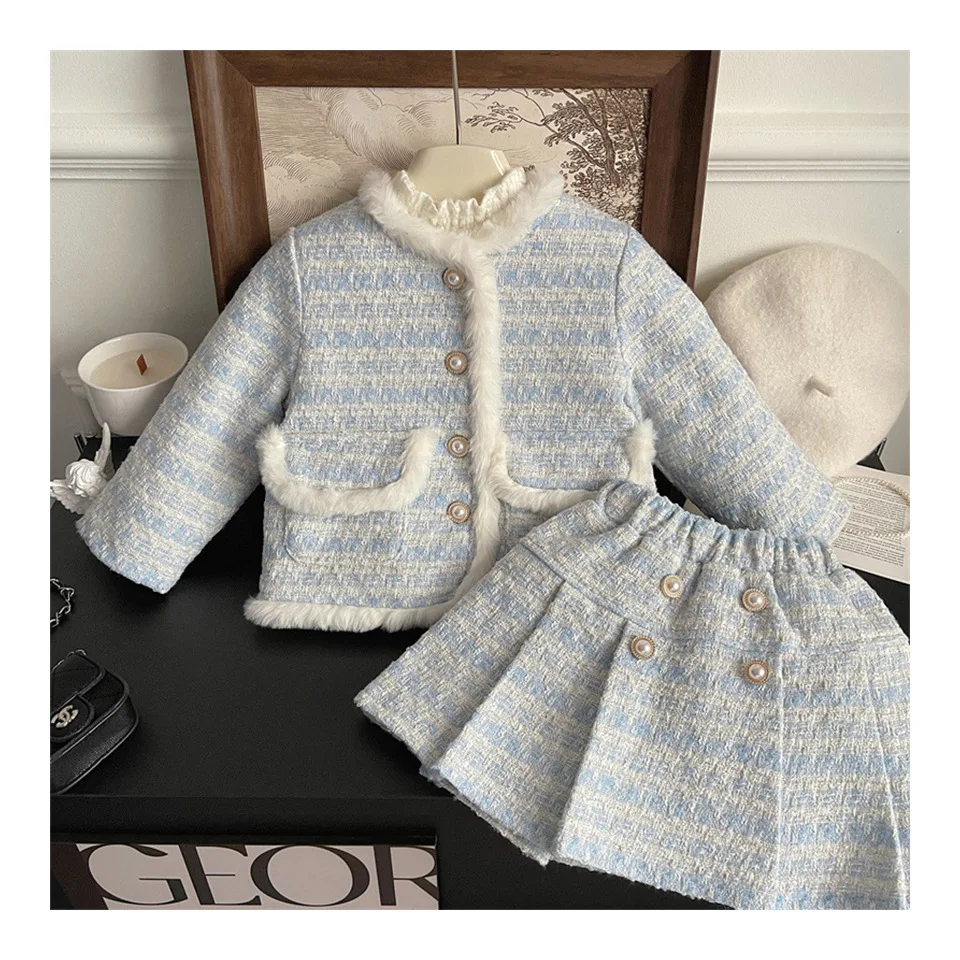 Kinderbekleidungssets Tweed-Duftanzug Fleece-Mantel + Plissierter Rock 2-teiliges Set Baby-Mädchenkleidung Kinderkleidung 2 bis 7 Jahre – Detail 4