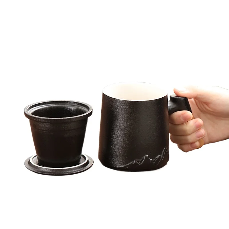 

Black pottery mug with liner tea separation office teacup ceramic simple tea cup