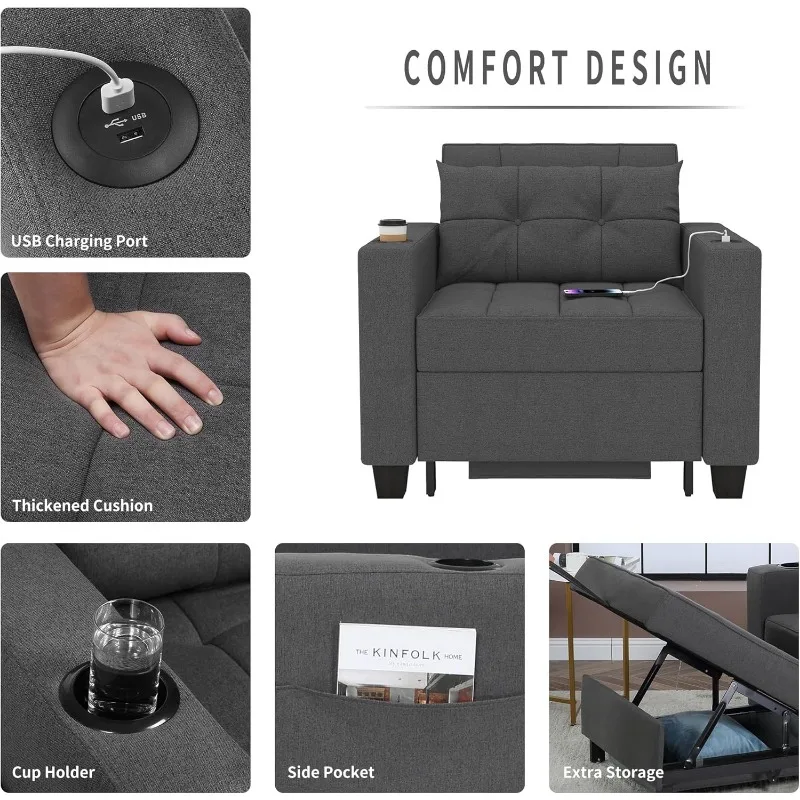 39 Inch Sleeper Chair Chair Beds Adjustable Single Armchair Sofa Bed with USB Ports, Side Pocket, Cup Holder (Dark Gray Linen)