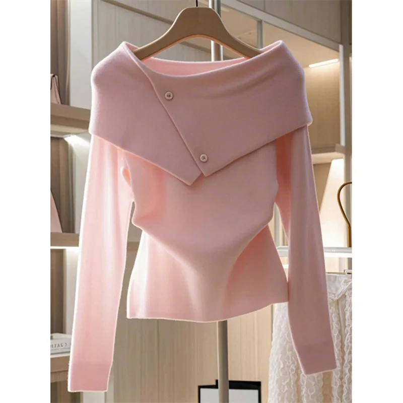 Women's Clothing Elegant Sweet Soft Elastic Thin Sweaters Spring Autumn Chic Slash Neck Slim Knitted Pullovers