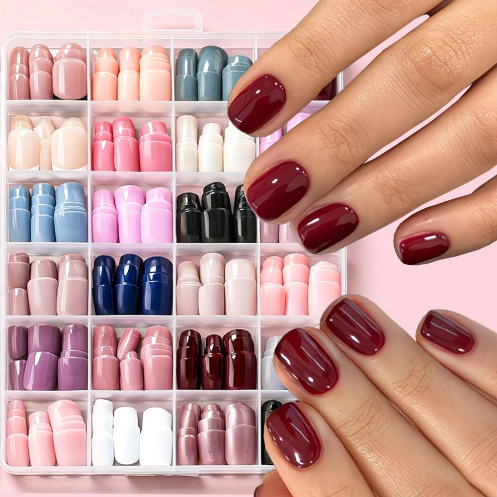

576 шт. коротких квадратных накладных ногтей, глянцевые, однотонные, с французским маникюром, 24 цвета в ассортименте, акриловые искусственные ногти