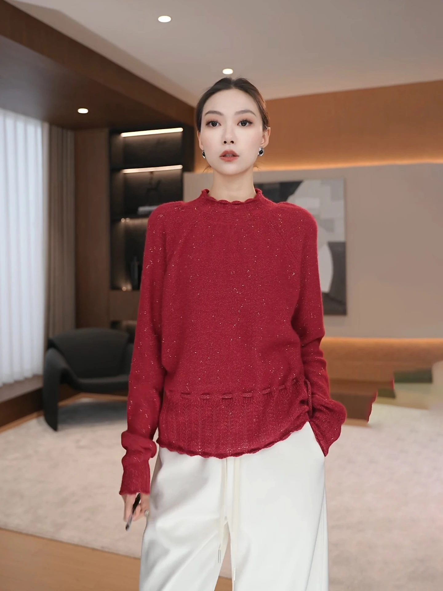 

Французский вязаный свитер для женщин, новинка весенней коллекции, с ажурной кружевной отделкой, воротником-стойкой и поясом на талии, свитер-пуловер.