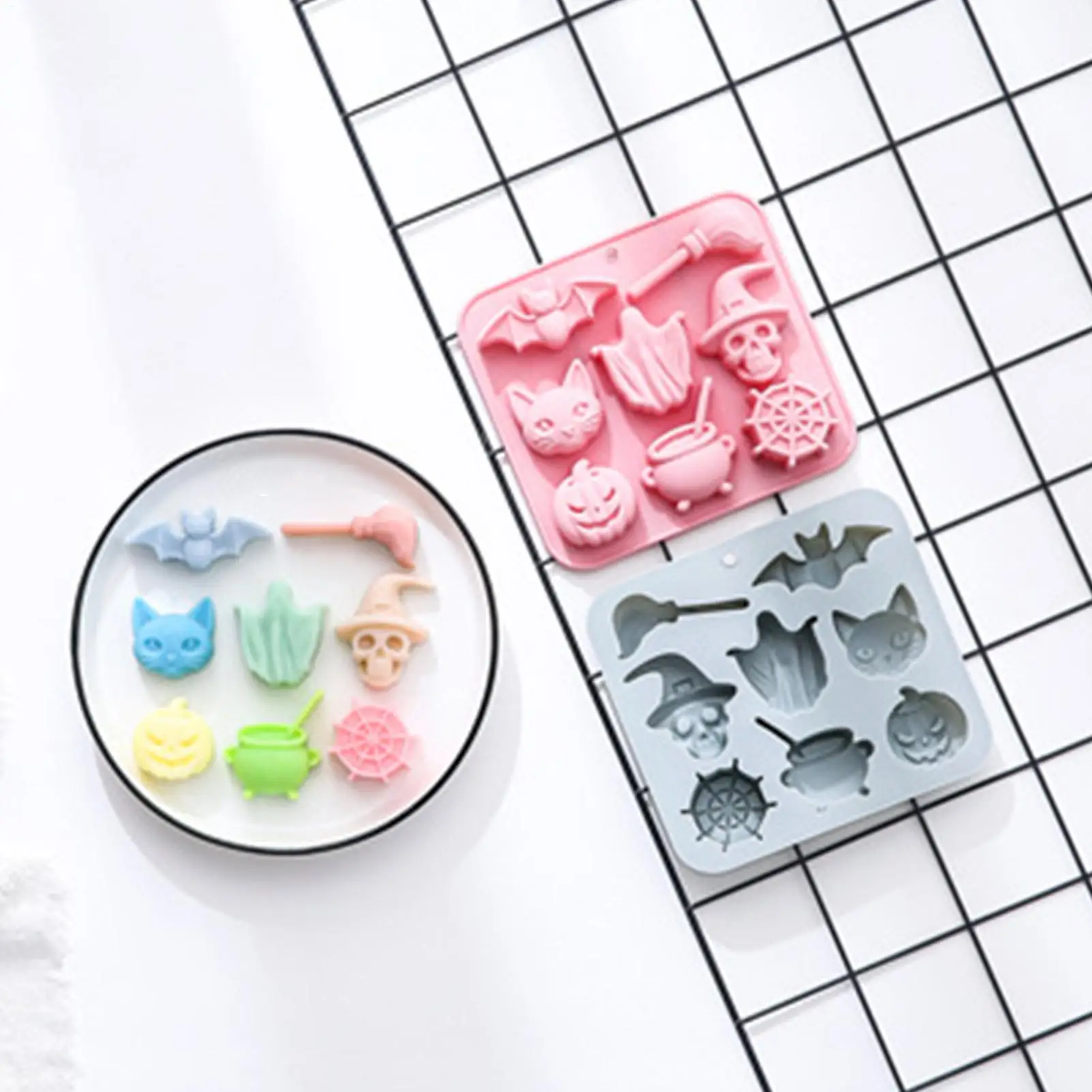 2 Pieces Halloween Theme Silicone Molds Set Cat, Bat, Ghost, Skeleton, Pumpkin, Big Pot, Spider Net Patterns Homemade Cake Mold