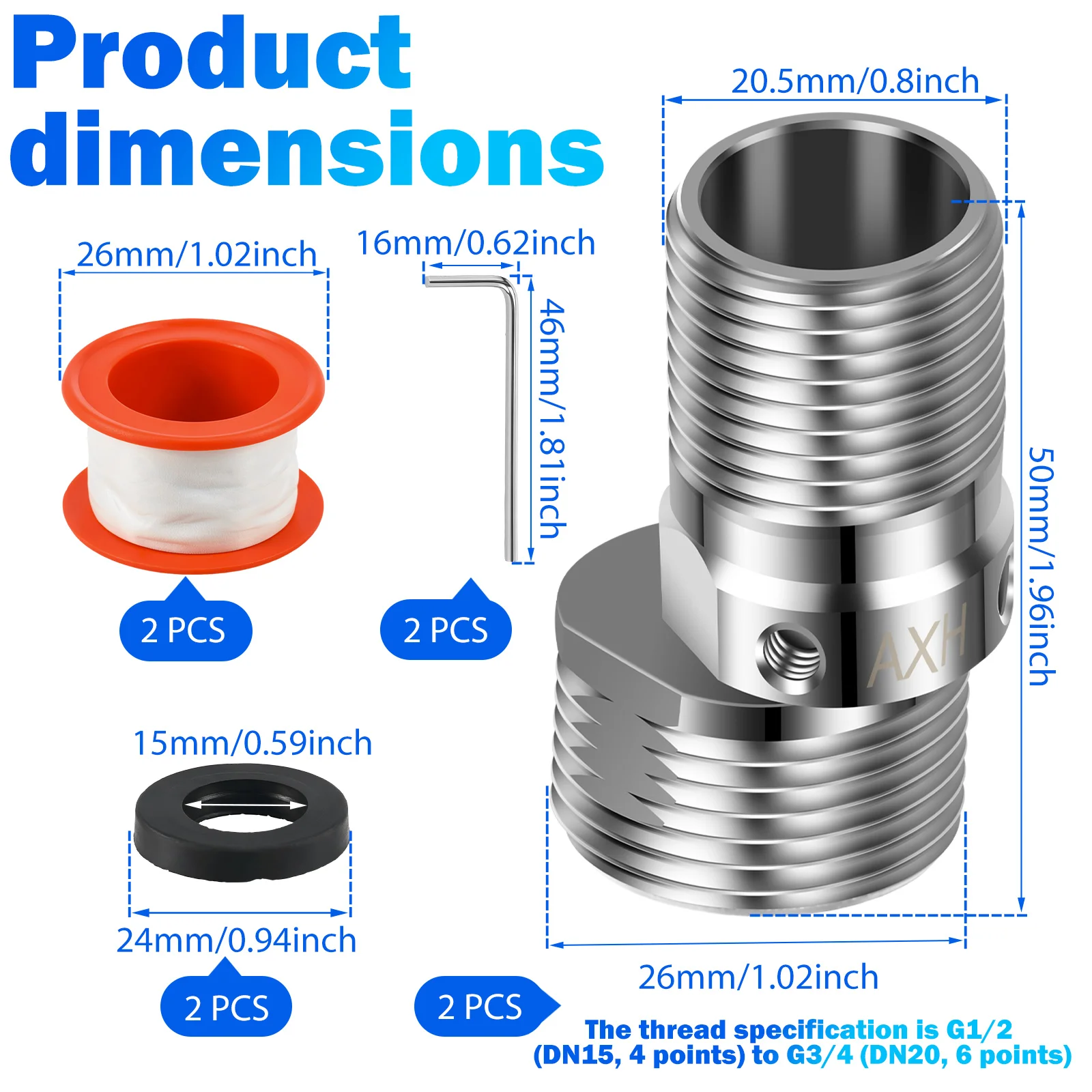 Shower Head Swivel Adapter 360 Degree Adjustable 304 Stainless Steel G1/2 G3/4 Thread Connector 2 Pack Bathroom Sink Pipe Offset