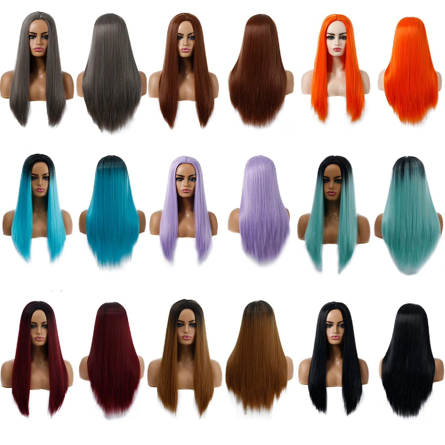 

Long Straight Synthetic Wig Colorful Fashion Women Center Part Party Daily Stylish Hair Natural Looking