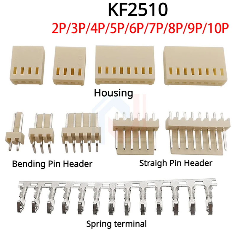 10SetS/Lot KF2510 Kits Connector2.54mm Pitch 2/3/4/5/6/7/8/9/10P Bending/Straigh Pin Header+Housing+spring terminal