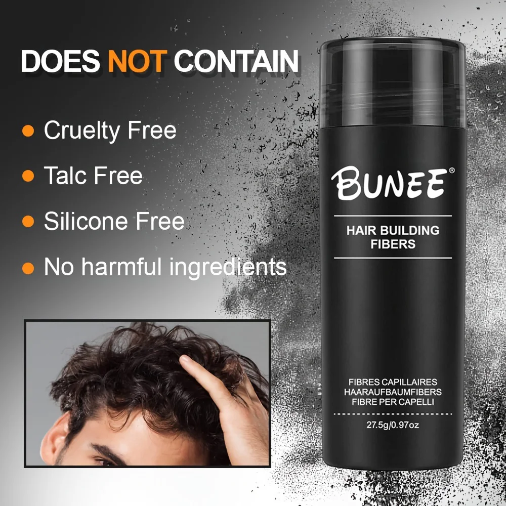 BUNEE Hair Fiber 27.5g: Men\'s natural hair-thickening fibers for balding areas, fills part lines, includes 27.5g fiber powder.