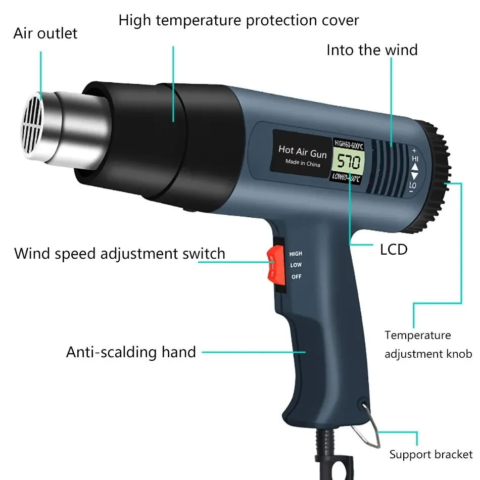 가변 고급 전기 핫 에어 건, 온도 조절 가능한 전기 히트 건, 220V, 2000W