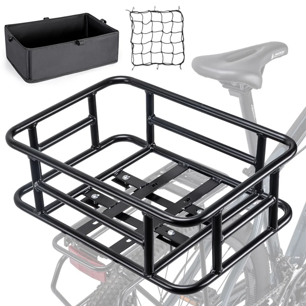 

Rear Bike Basket With Waterproof Liner Cargo Net Large Capacity Rear Bicycle Rack Basket Heavy Duty Metal Rear Basket For Ebike