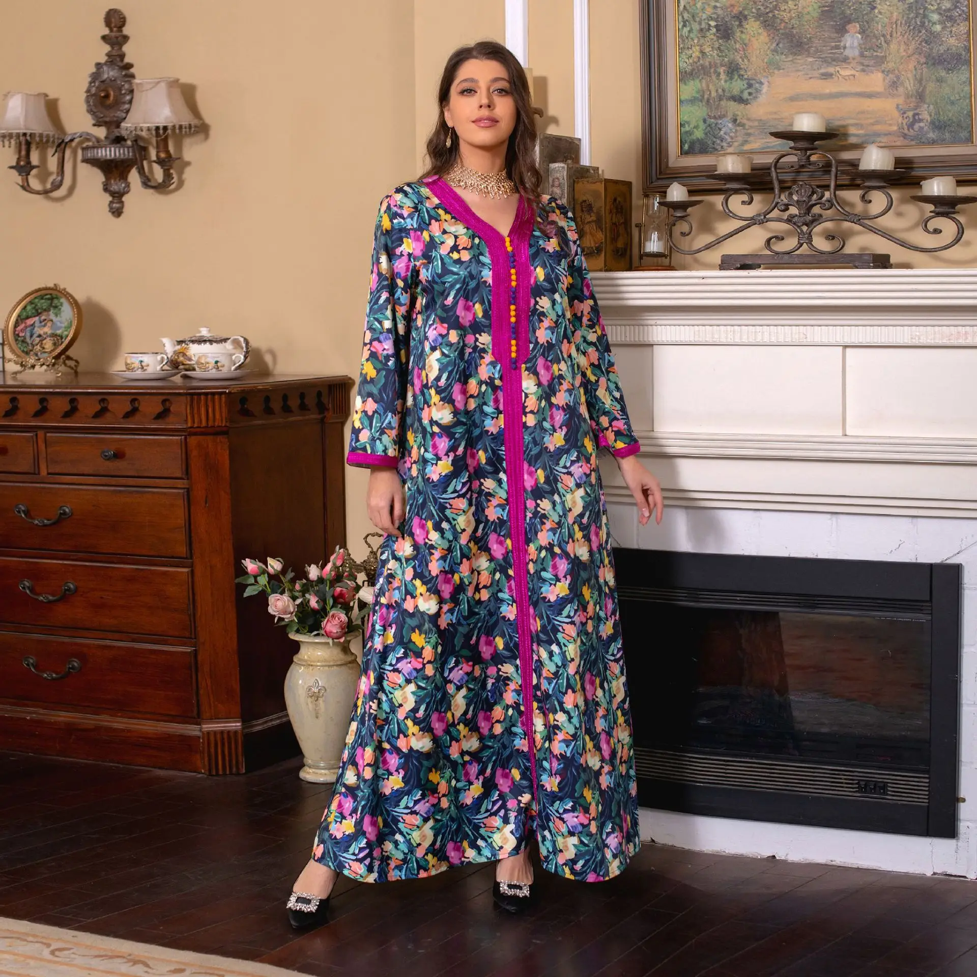 

Jalabiyat Ramadan 2023 Eid Al-Adha Arab Dubai Abaya Floral Print Muslim Fashion Hijab Dress Abayas for Women Turkey Kaftan Robe