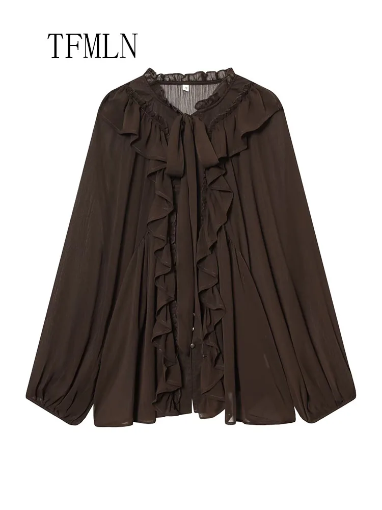 เสื้อเบลาส์ผู้หญิงทรงหลวมแบบมีชั้นสำหรับฤดูใบไม้ผลิ/ฤดูร้อน ปี 2026 ดีไซน์หรูหรา แขนยาว ผ้าบางเบา ติดกระดุมแถวเดียว แต่งระบาย