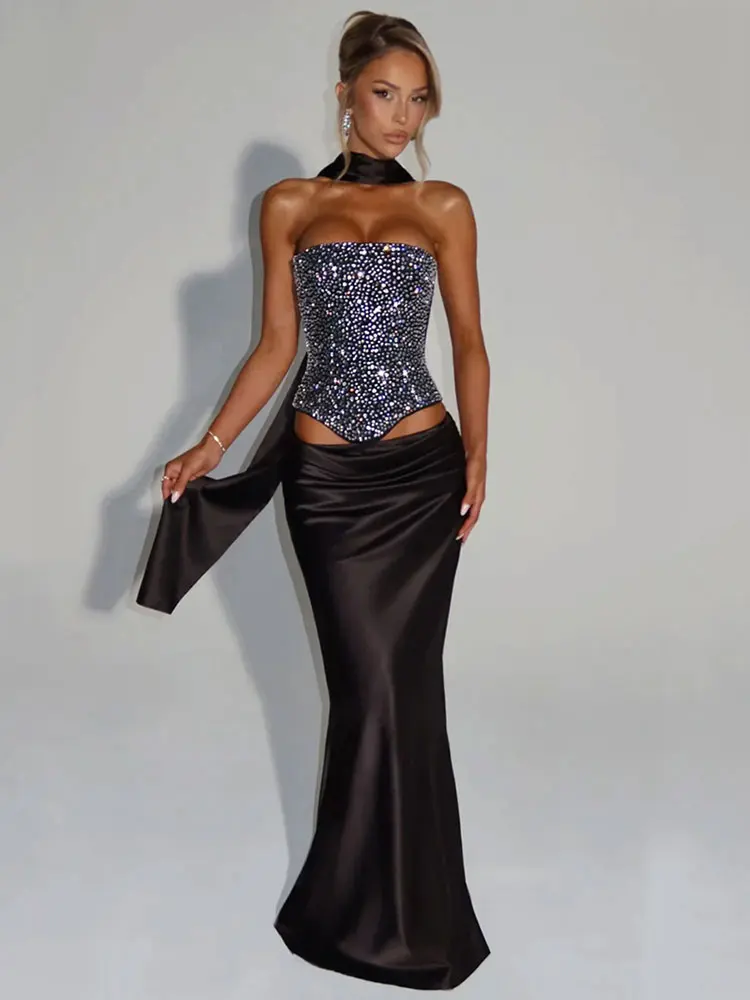 GACVGA Hot Drilling Satin Sexy Dress Set With Scarf Women Sparkle Crop Top And Maxi Skirt Elegant Club Party Two Piece Skirt Set