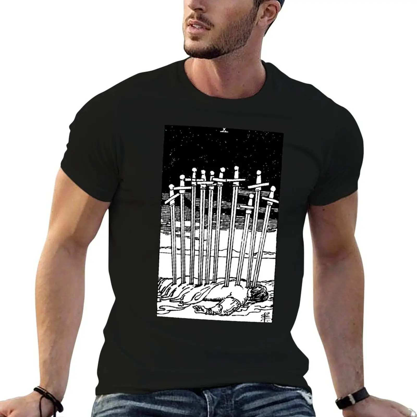 

& Swords| t man T-Shirt shirts Tarot of man : Card graphic shirt Swordsblack 10 of Ten t white for vintage luxury