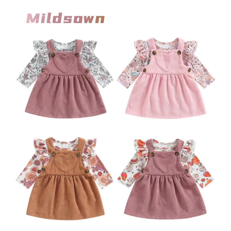 Infant Baby Girls Overall Dress Set Floral Long Sleeve Romper Tops and Heart Corduroy Suspender Skirt 2Pcs Spring Fall Clothes