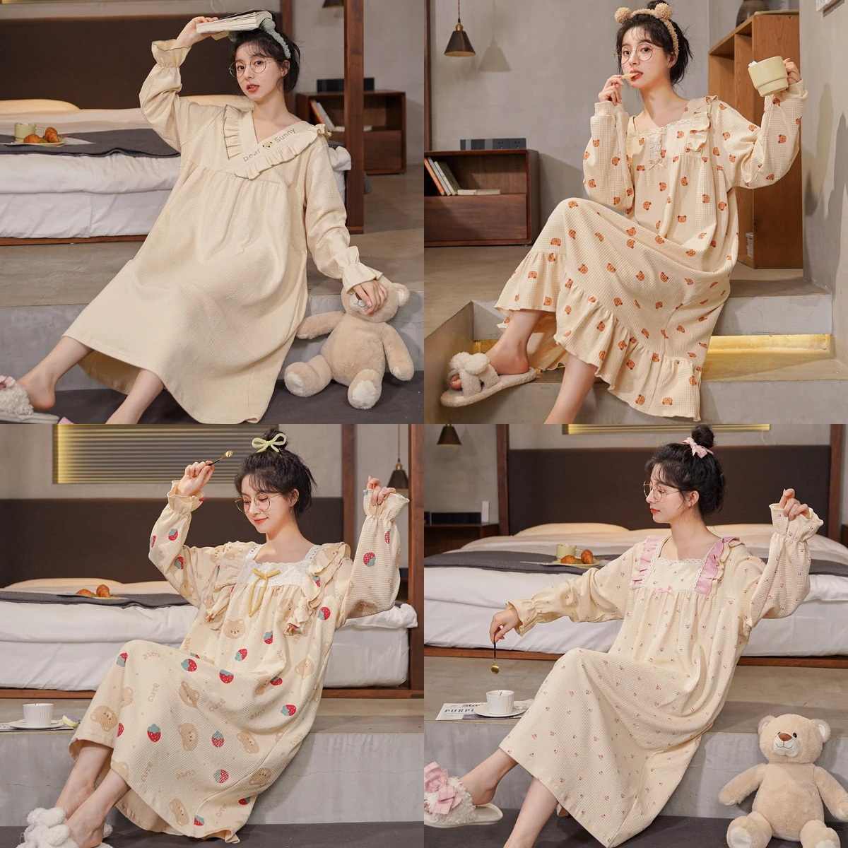 Large Size Dress Maternity Cotton Nightgown Summer Models Sweet Lovely Sleep Comfortable Homewear Cartoon Bear Solid Loungewear