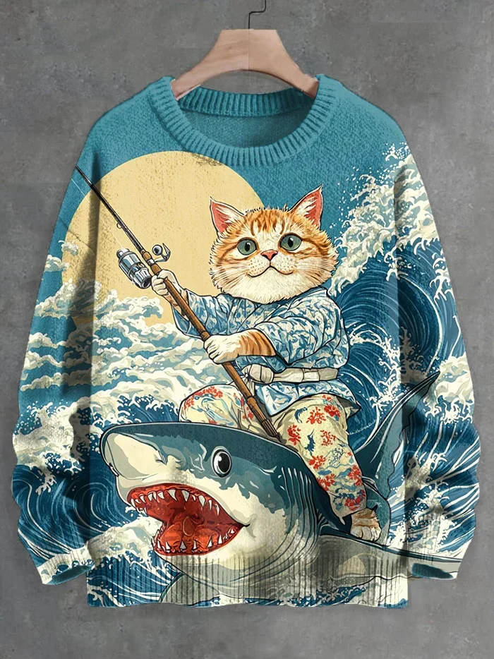 

Men's Cat Shark Great Wave Japanese Art Print Knit Sweatshirt Pullover Sweater Women For Men Sweater