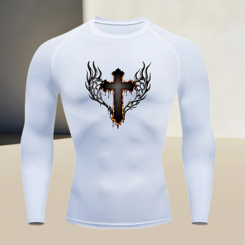 Men's round neck quick drying compression long sleeved printed top - a must-have for high stretch fitness and outdoor sports