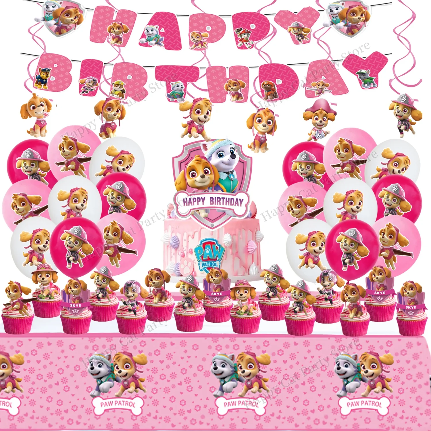 

Pink Paw Patrol Happy Birthday Banner Dog Patrol Skye Latex Balloon Tablecloth Cake Topper Baby Shower Decor Girl Party Supplies