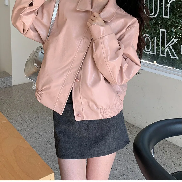 Autumn Korean Pink Leather Jacket Cropped Jacket Women's American Retro High-end Versatile Casual PU Leather Jacket Top