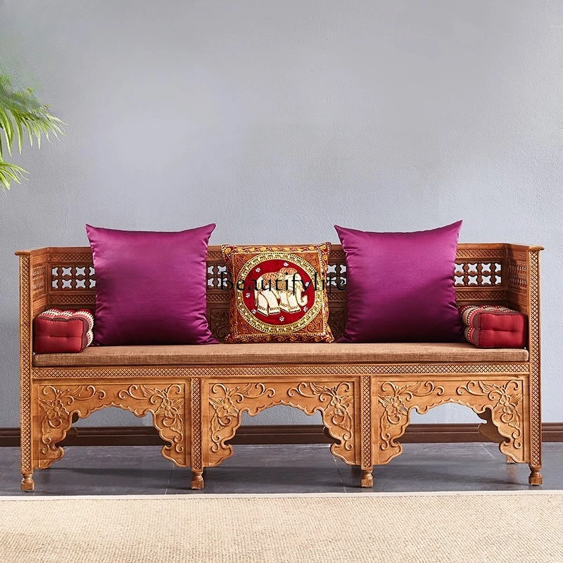 White wax wood carving simple living room couch, Thai massage shop tea room three-person sofa