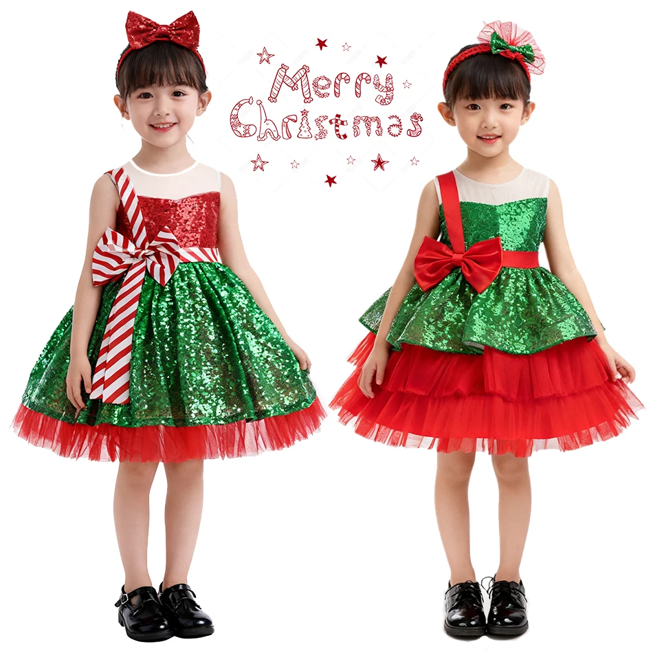 Christmas Party Dress for Girls Red and Green Tutu Gown with Hair Bow Gorgeous Party Dresses for Girls Best Christmas Gifts