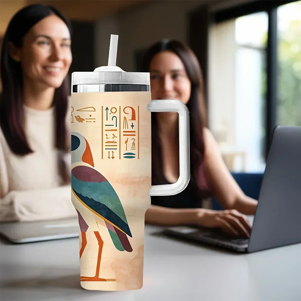 40Oz Insulated Tumbler with Handle, Ancient Egyptian Style Bird Print, Great Holiday Birthday Gift, Suitable for Daily Use And Outdoor Activities, Keeps Drinks Warm Or Cold for a Long Time