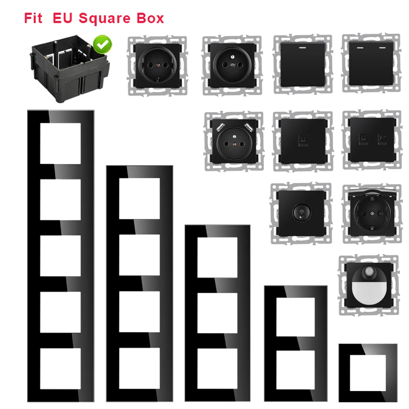 Jhjch módulo montado en la pared, enchufe de panel de cristal templado negro, estándar europeo, interruptor de luz LED, función de botón, combi