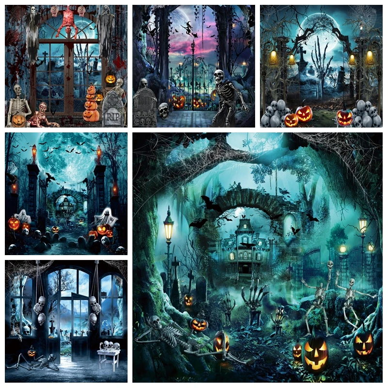 

Halloween Photography Backdrop Horror Moon Night Pumpkin Scary Cemetery Skull Witch Castle Kids Portrait Photo Background Decor