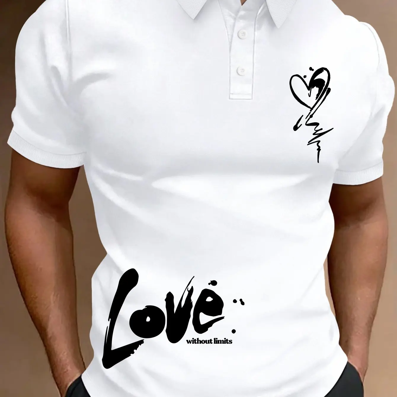 Casual Style Men's Fashionable Short Sleeved Polo with Handwritten Love Print Elements, Machine Washable