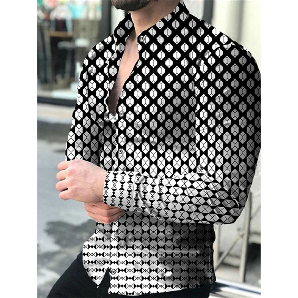 2023 men\'s party casual top luxury social men\'s shirt lapel button down shirt casual plaid printed long-sleeved shirt