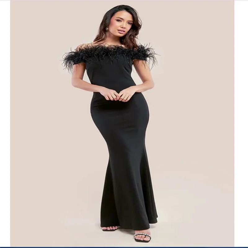 

Luxury Women's Elegant Party Dress Feather Boat Neck Mermaid Party Evening Dresses Sexy Black Mother of the Bridal Customized