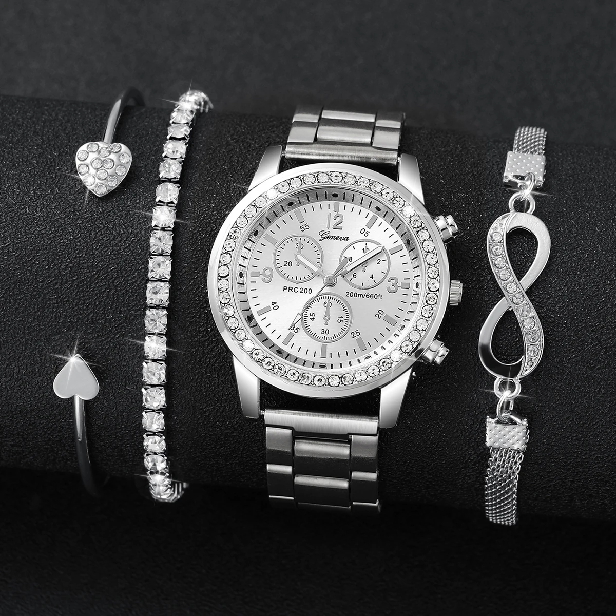 4PCS/Set Fashion Rhinestone Women‘s Watch Stainless Steel Band Quartz Watches Silver Bracelets Set